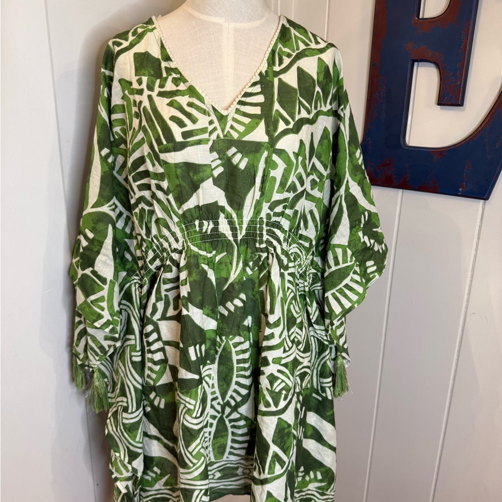 Dotti Green and White Tropical Printed V-Neck swim cover up Sz 1X NWT